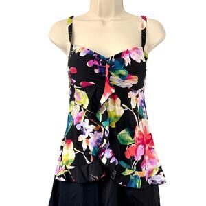 Maxine of Hollywood Black Tropical Floral Tankini Ruffled front and Hem